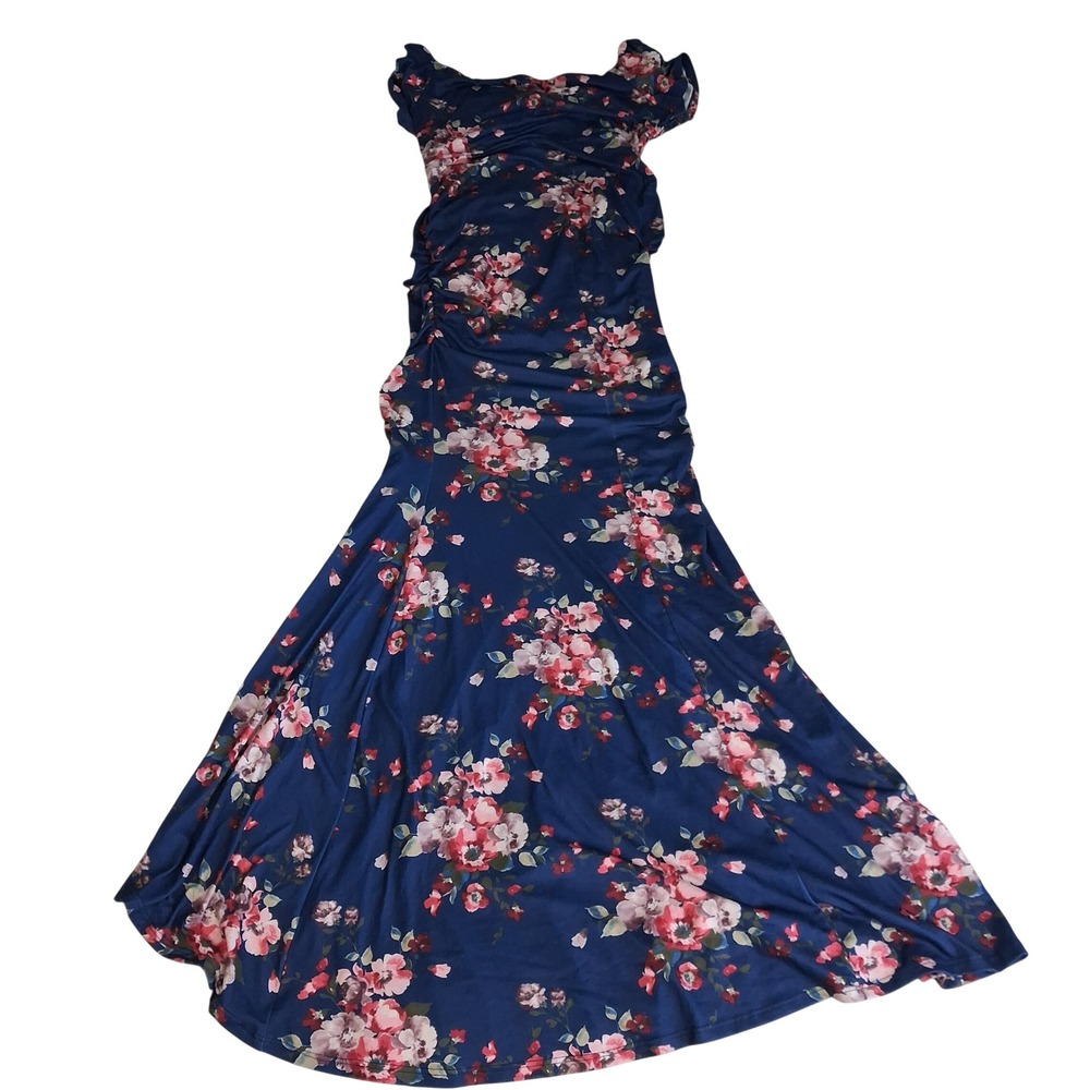 PinkBlush Maternity Floral Maxi Dress Navy Blue Ruched on off Shoulder Sz Large
